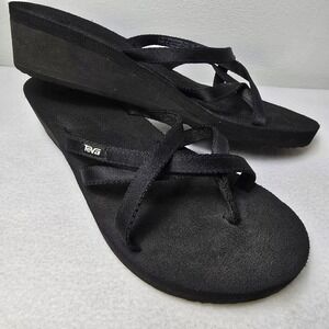Teva Olowahu Womens 11 Black Wedge Flip Flops Strappy Sandal Beach Slides Thongs